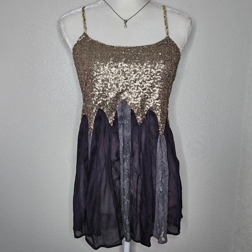 Gimmicks by BKE Gold Sequin Purple Lace Mixed Media Camisole Top - Picture 1 of 6
